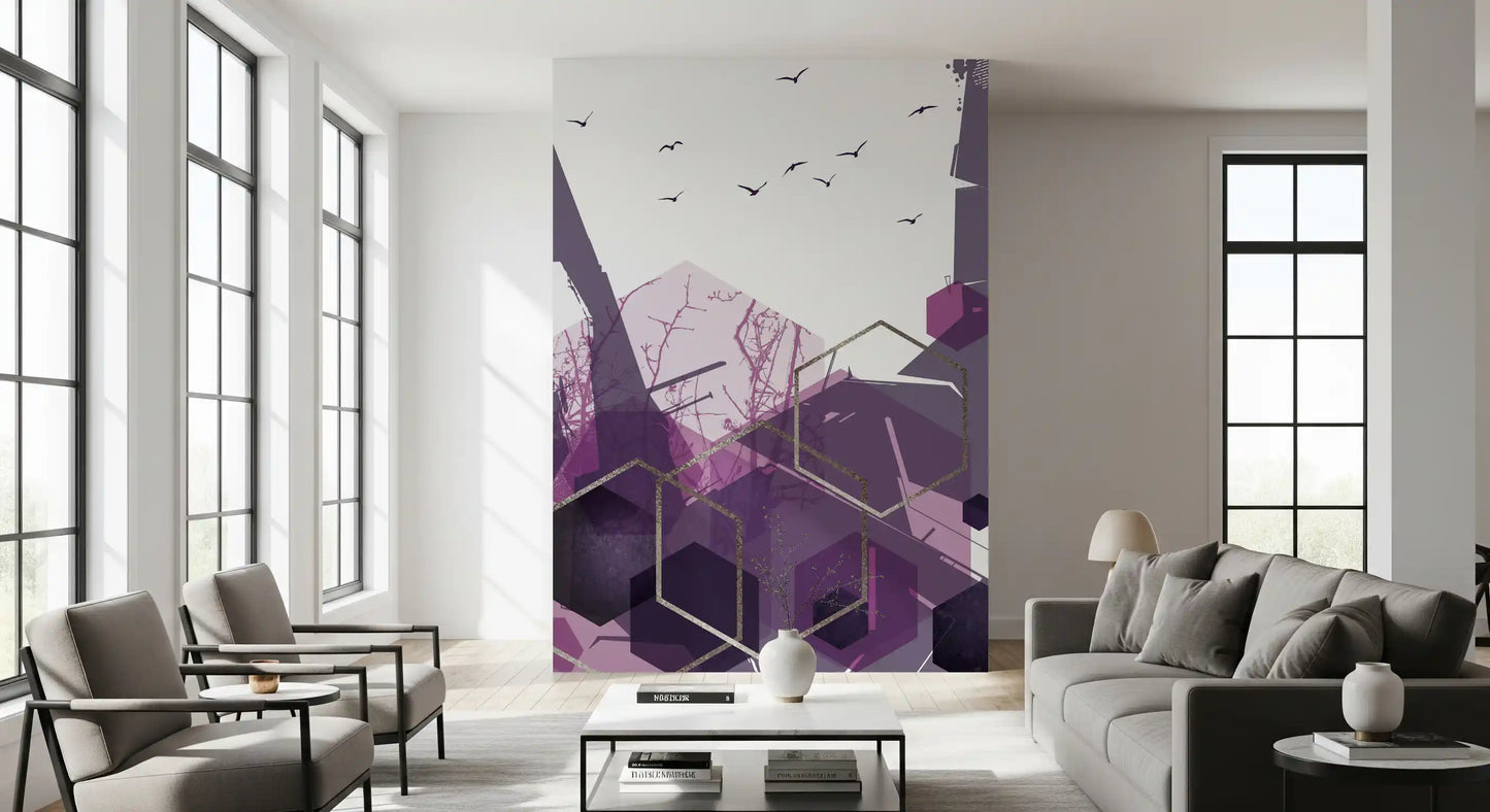 Amethyst Sky Geometric Flight Wall Mural with silhouettes and light tones., GD10275