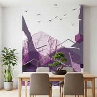 Wall mural with purple color palette and flying bird silhouettes., GD10275