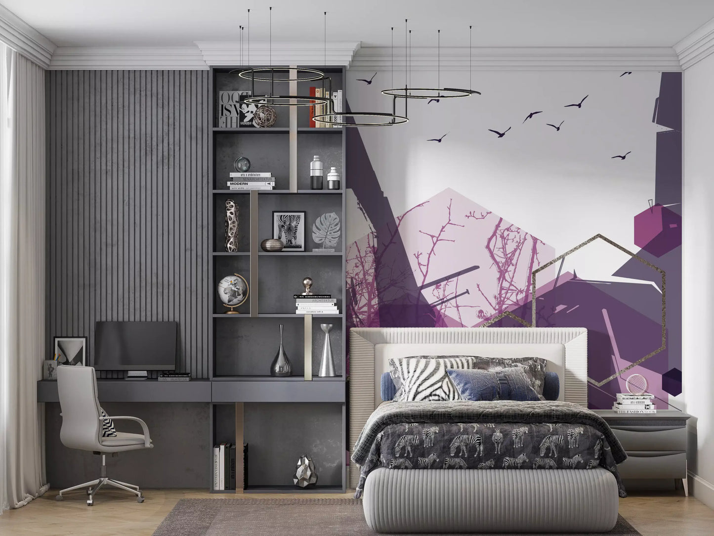Minimalist wall mural with flying birds for a modern bedroom., GD10275