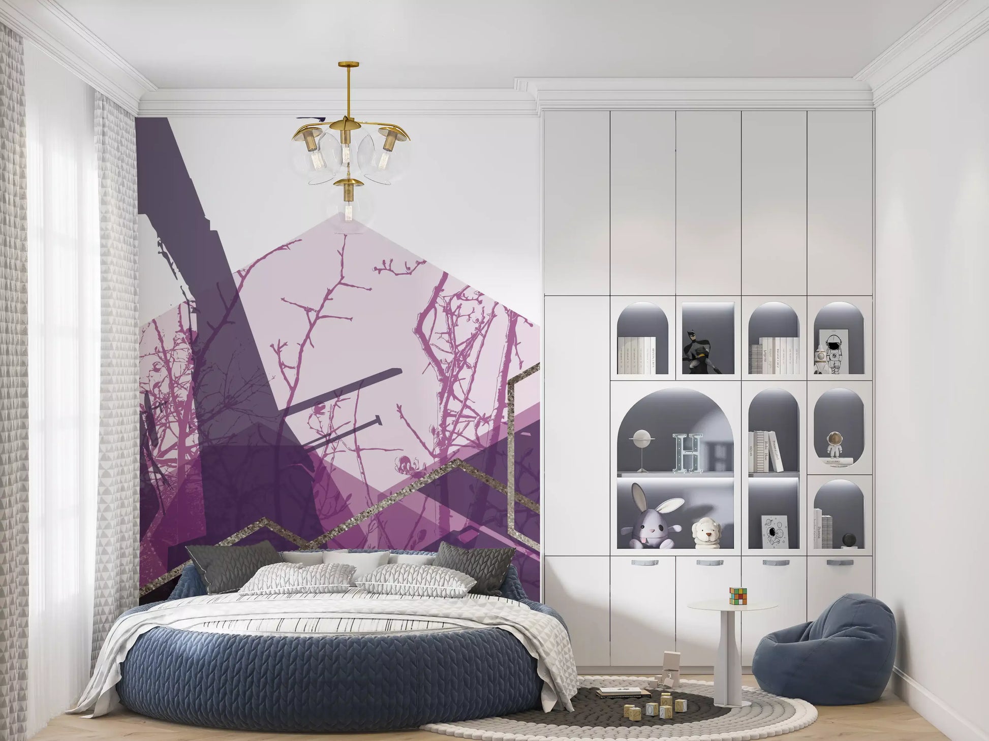 Amethyst Sky Geometric Flight Wall Mural with purple tone in bedroom., GD10275