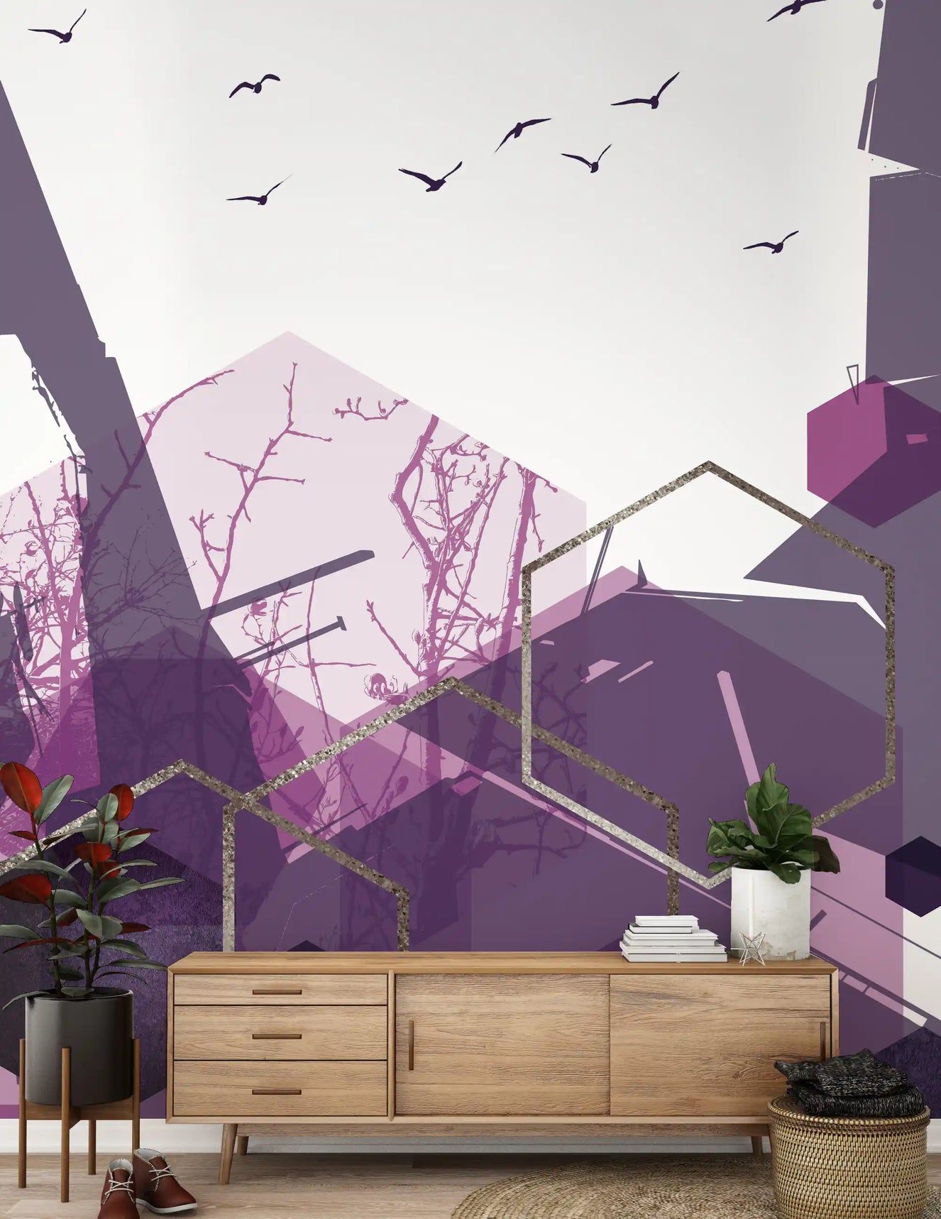 Abstract wall mural with purple geometric motifs on a hallway backdrop.