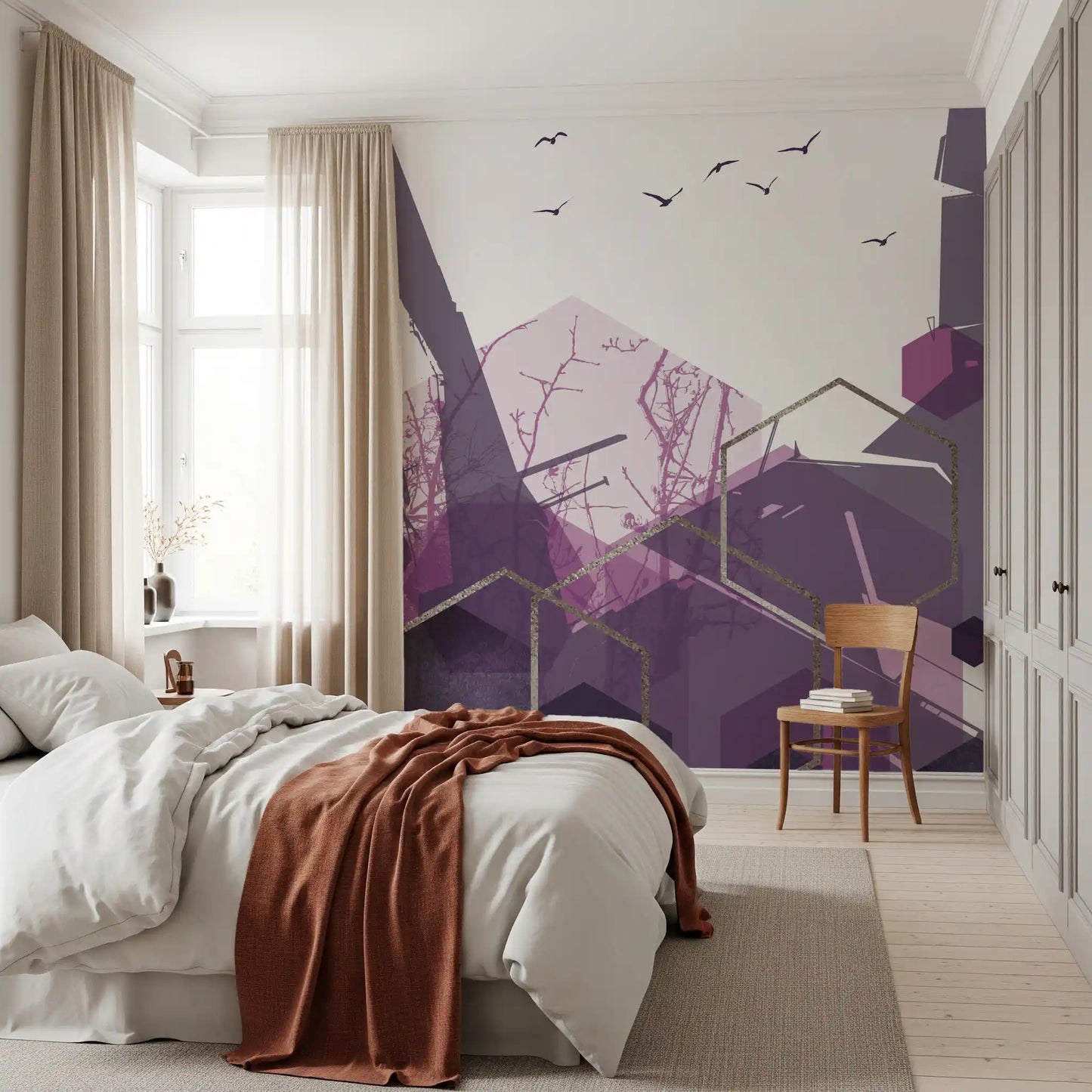 Wall mural with violet abstract shapes and gold lines for a bedroom., GD10275