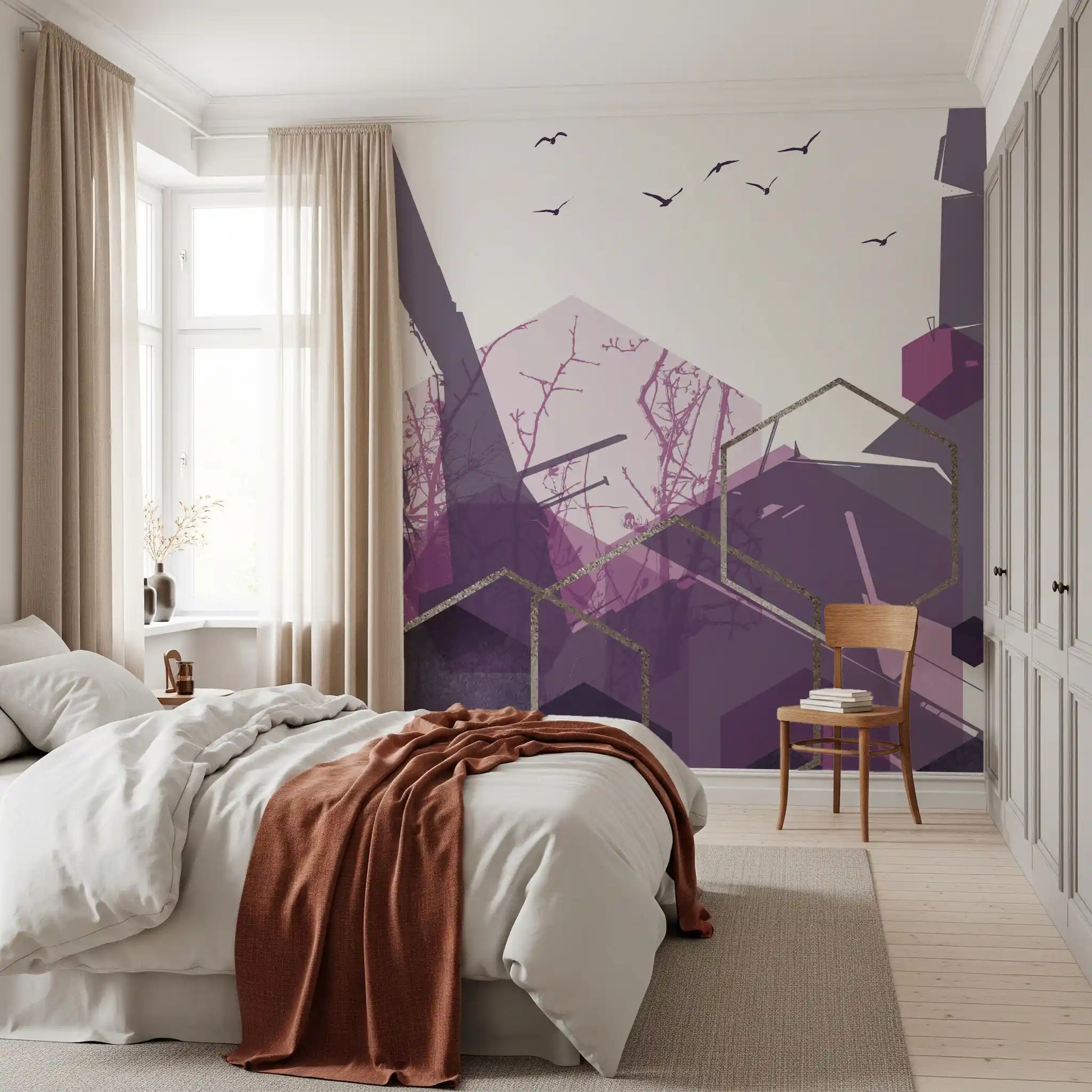 Wall mural with violet abstract shapes and gold lines for a bedroom., GD10275