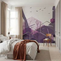 Wall mural with violet abstract shapes and gold lines for a bedroom., GD10275