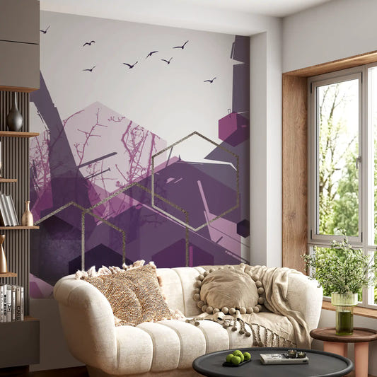 Wall mural featuring a flock of birds flying over purple geometric hexagons.