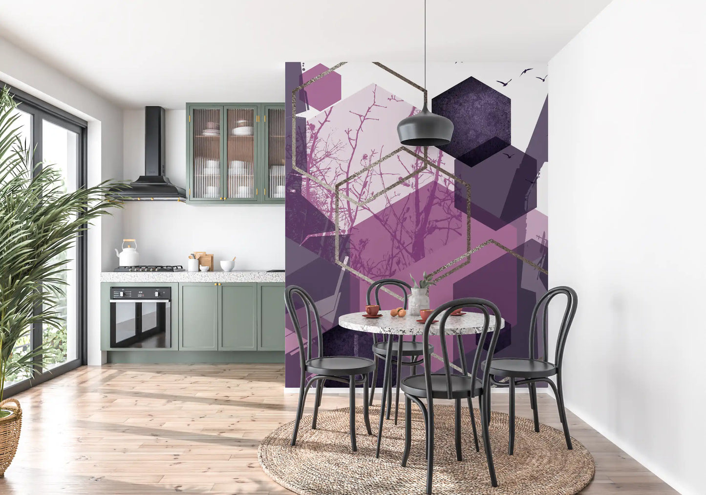 Amethyst Sky Geometric Flight Wall Mural for a modern dining space., GD10276