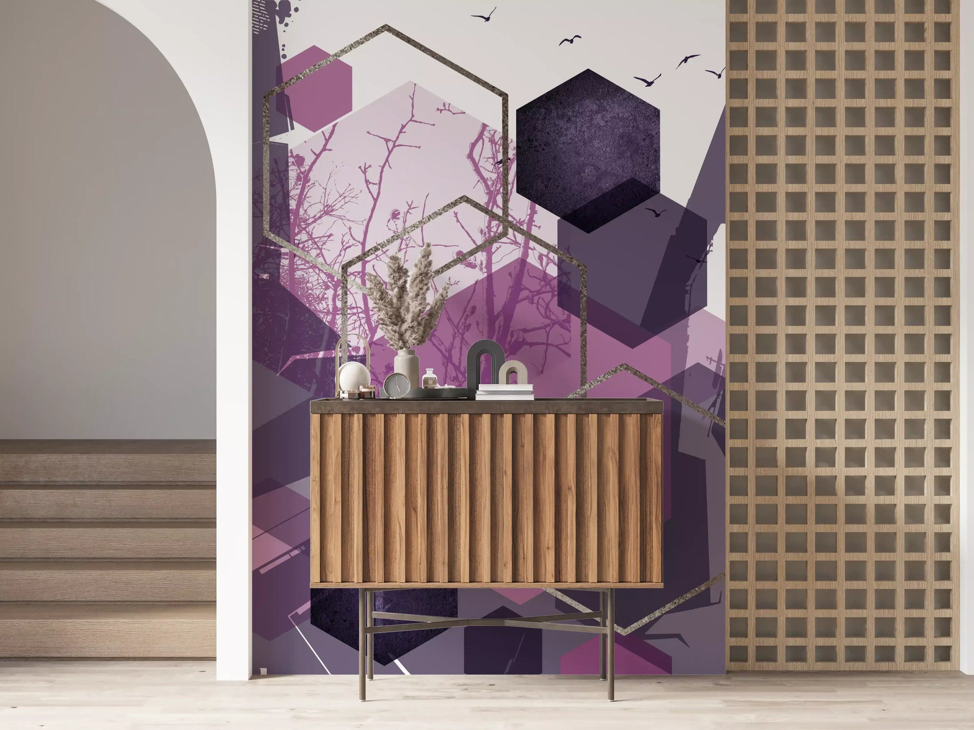 Artistic purple and grey wall mural with tree branch patterns., GD10276