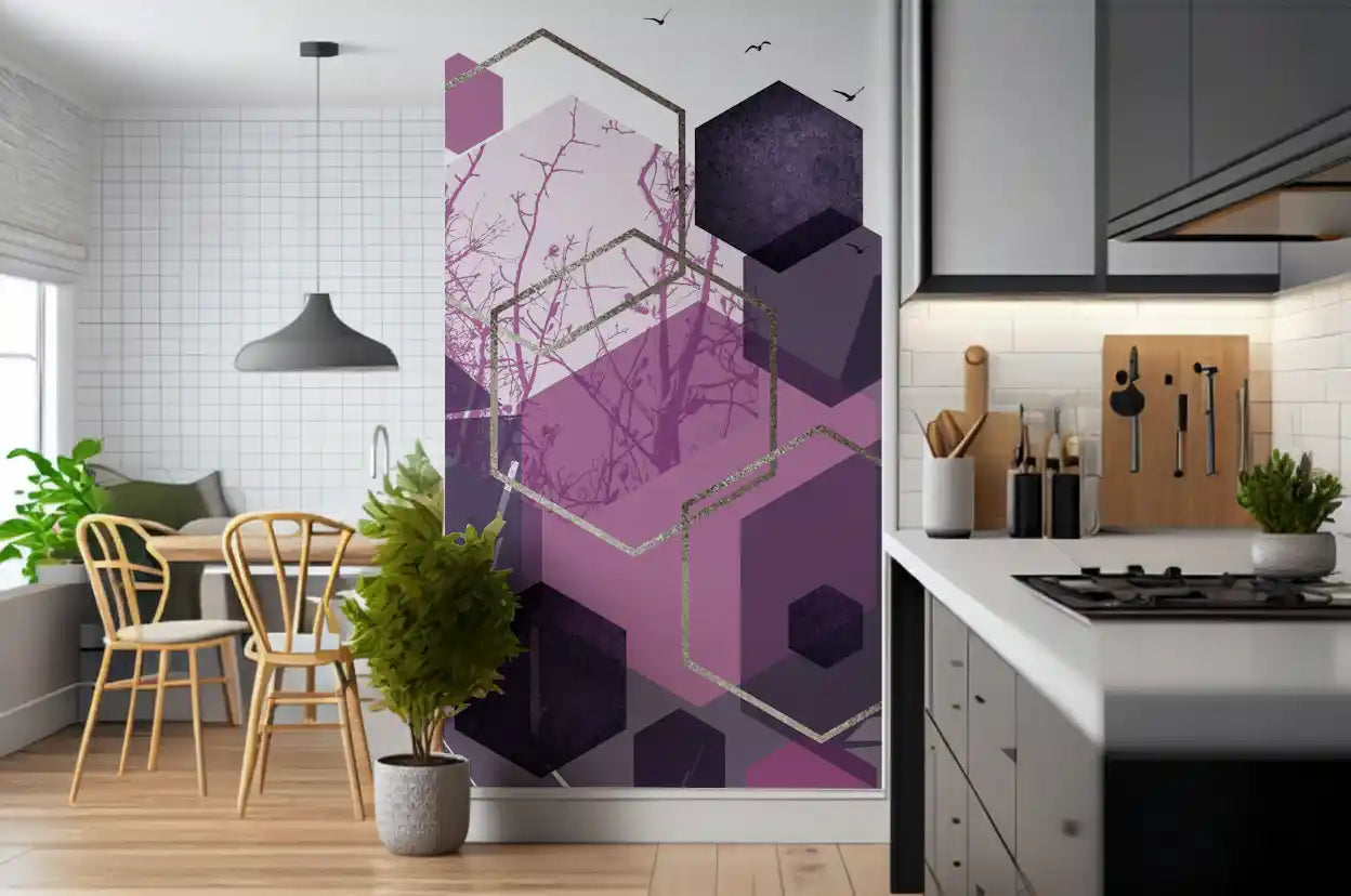 Modern wall mural design showing geometric cubes and bare tree branches., GD10276