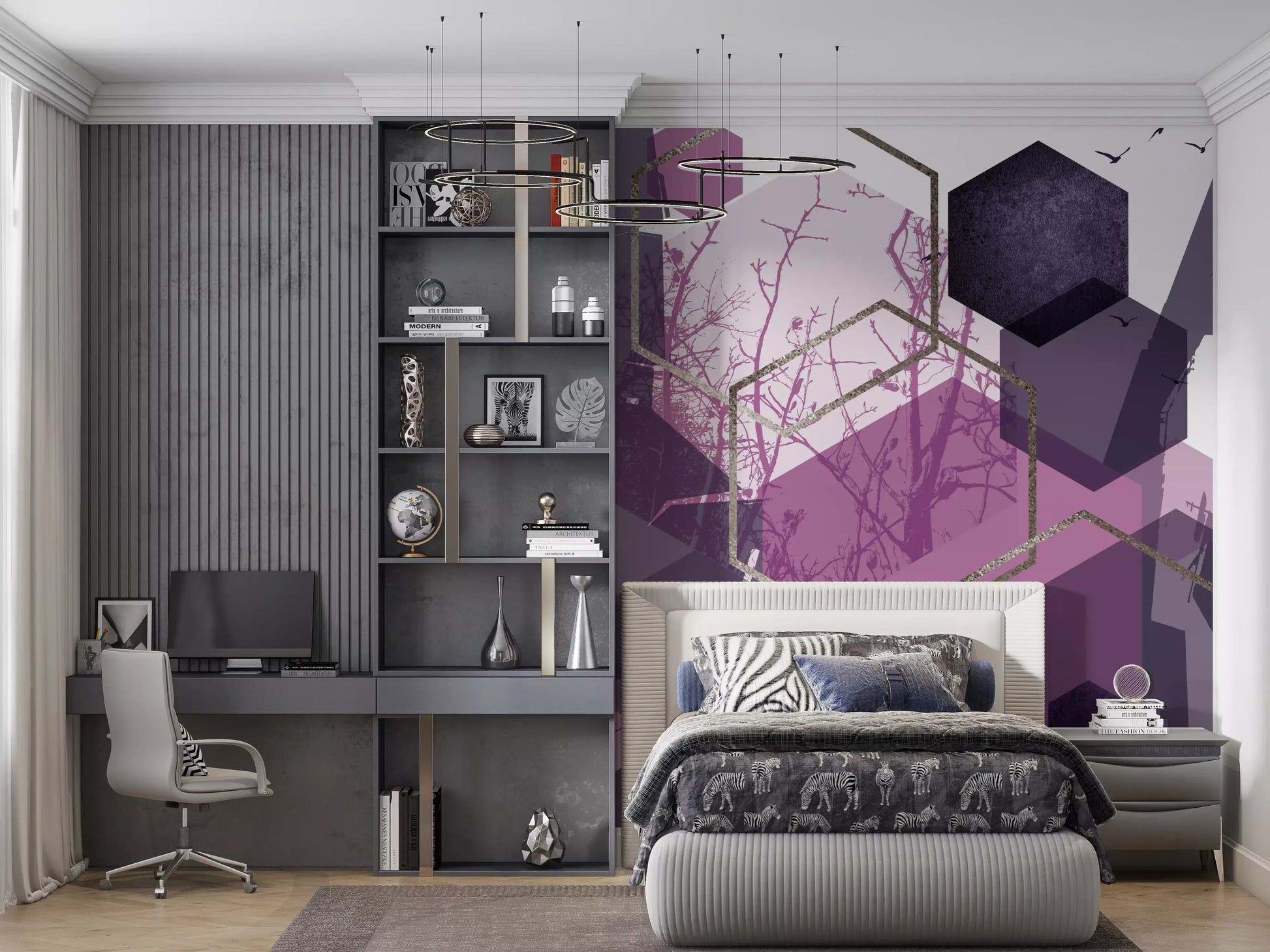 Contemporary wall mural with bird graphics in modern bedroom., GD10276