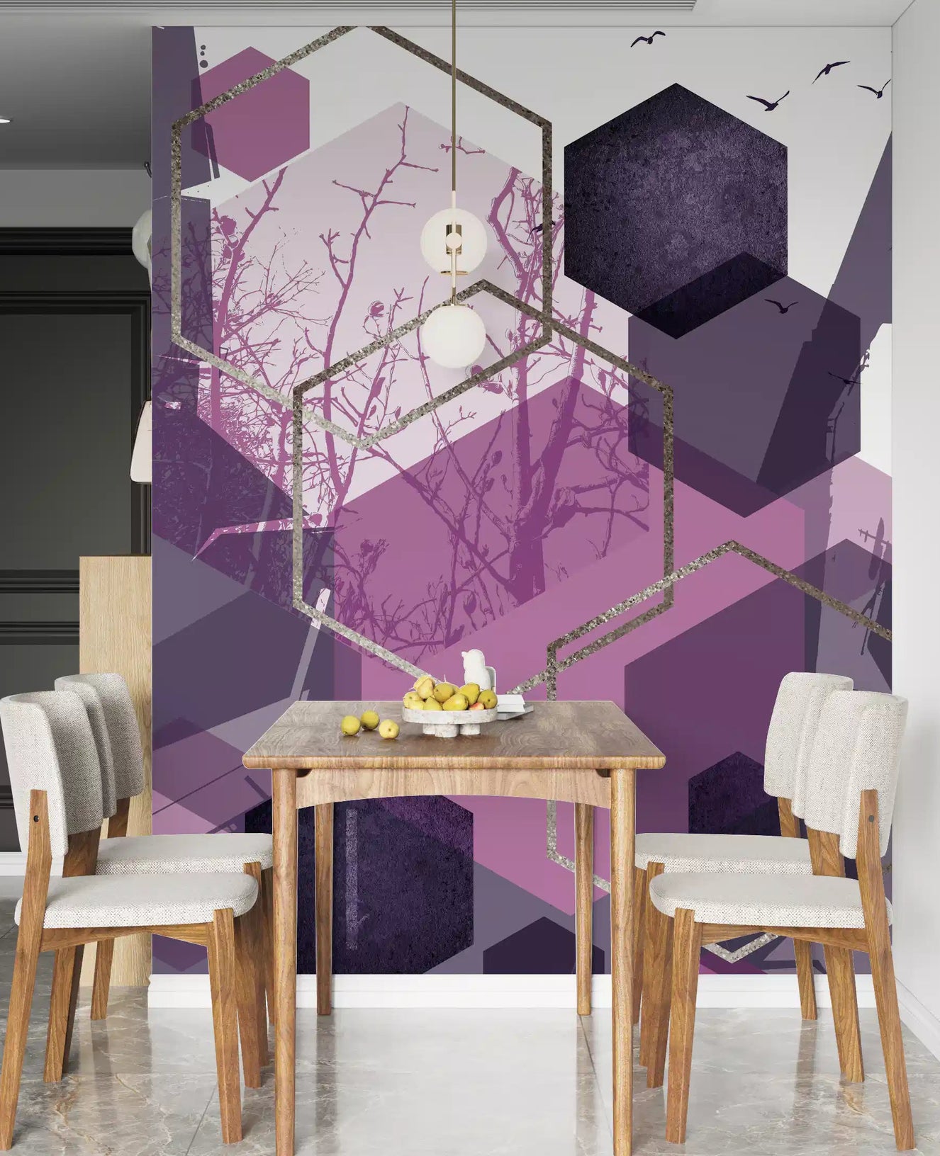 Abstract purple and grey wall mural featuring silhouettes of flying birds in dining room.