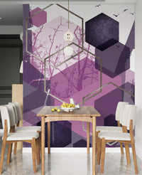 Abstract purple and grey wall mural featuring silhouettes of flying birds in dining room., GD10276