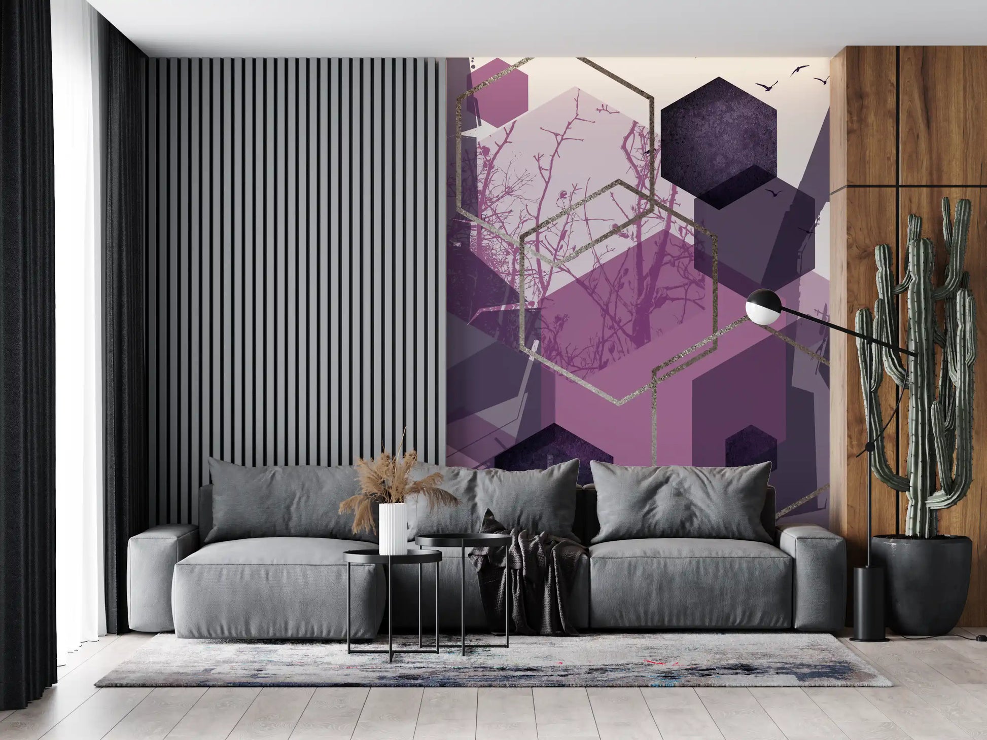 Purple geometric wall mural with layered cube shapes and bird visuals., GD10276