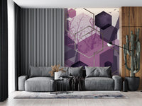 Purple geometric wall mural with layered cube shapes and bird visuals., GD10276