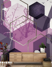 Textured wall mural with purple hex patterns for hallway backdrop., GD10276