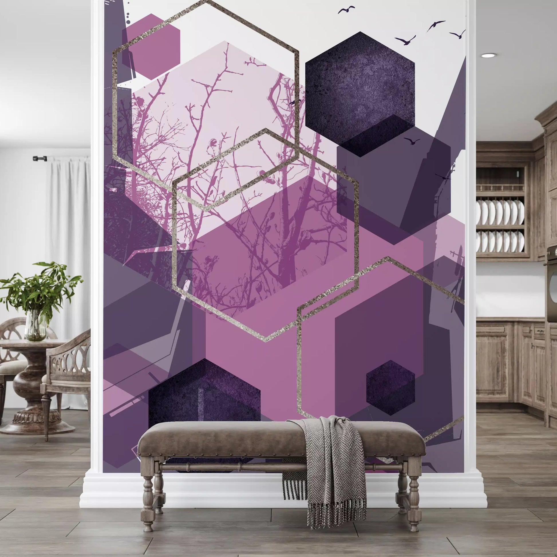 Abstract purple wall mural with repeating geometric hexagon motifs., GD10276