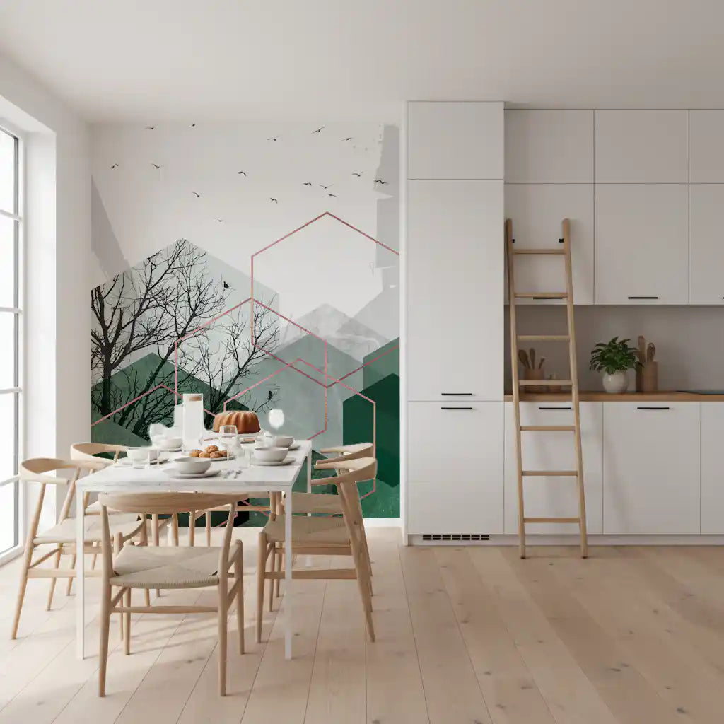 Minimalist emerald wall mural with hexagon patterns and black bird silhouettes., GD10277