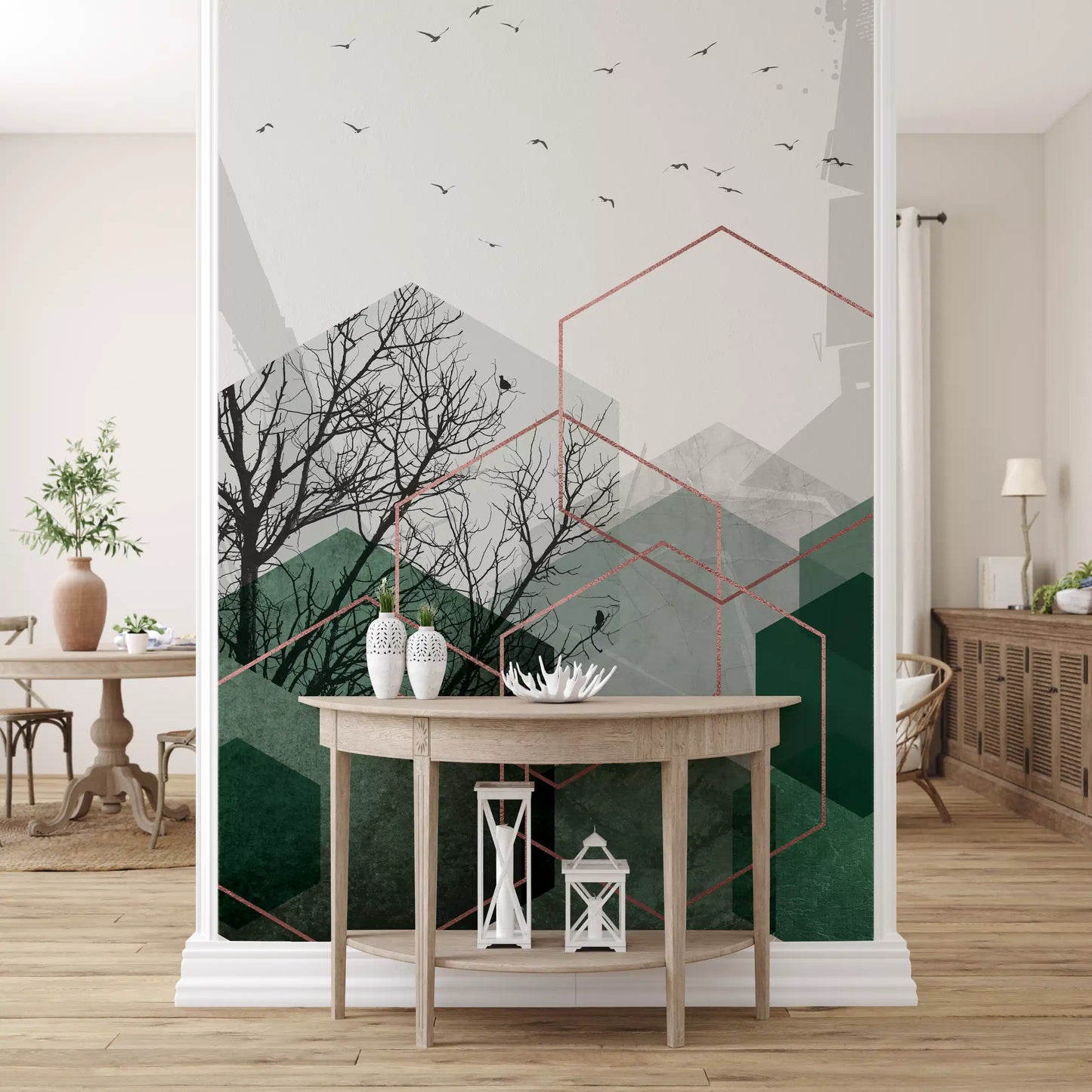 Geometric forest tree wall mural with emerald shapes and copper line details, GD10277