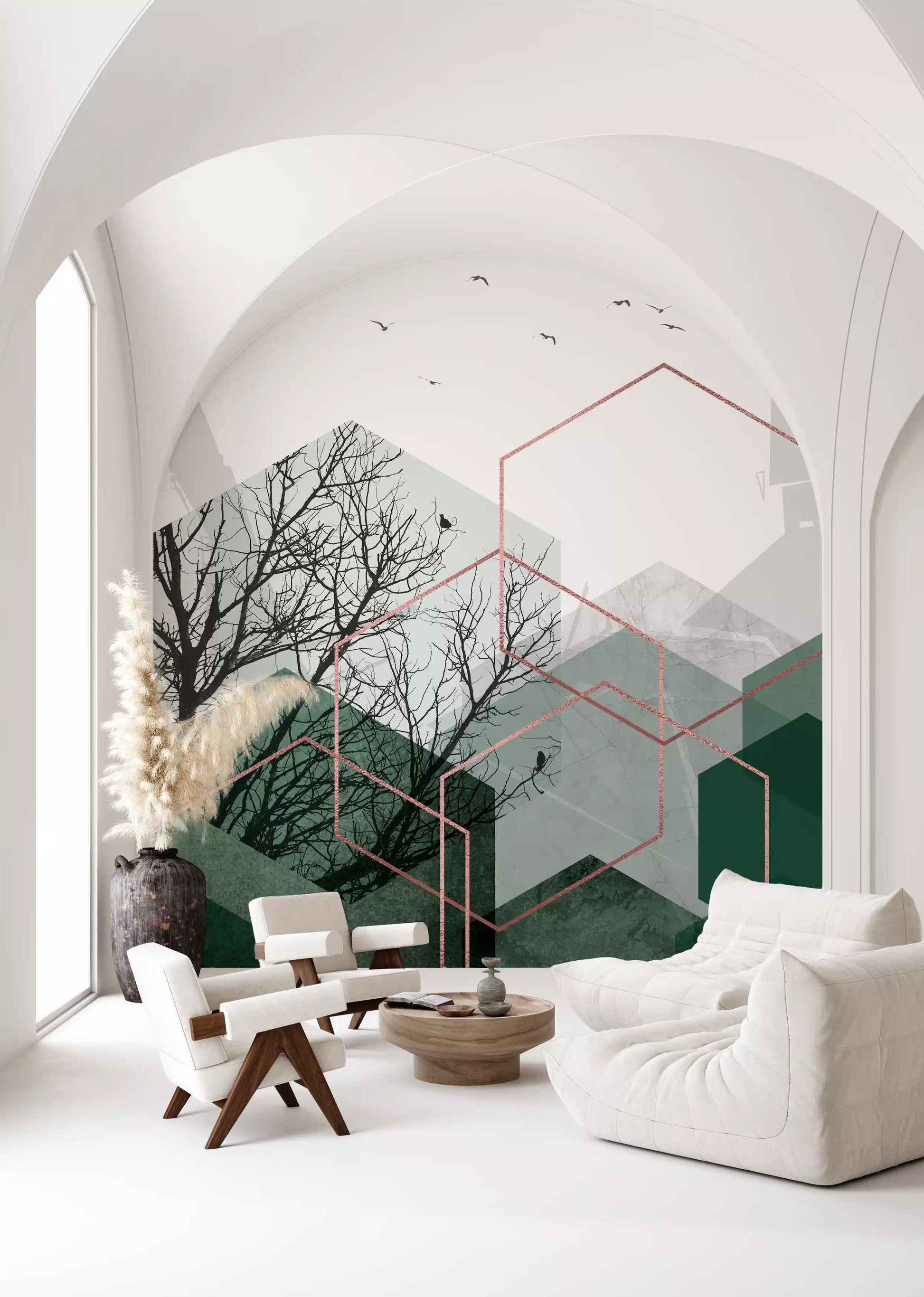 Emerald Hexagon Vista Wall Mural with grey forest silhouette and bird motifs, GD10277