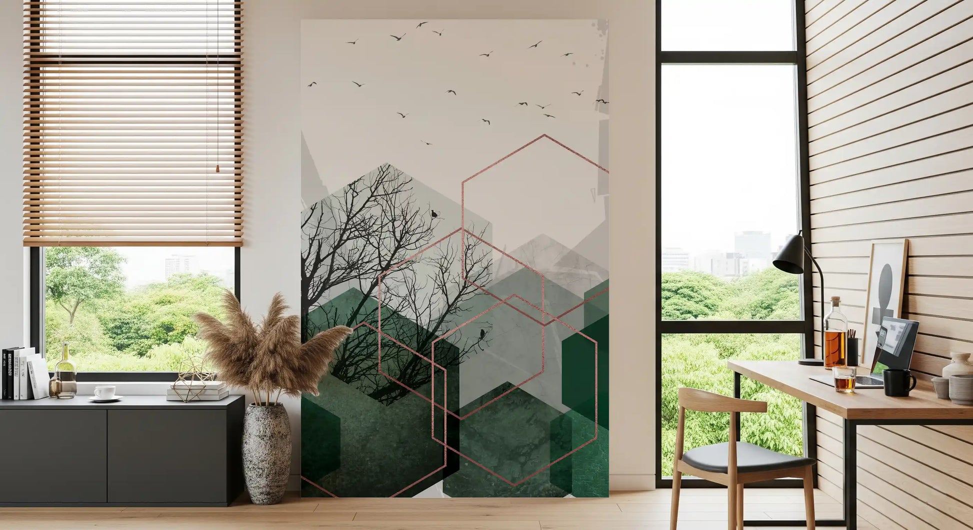 Textured emerald wall mural with geometric layers and natural woodland imagery, GD10277