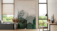 Textured emerald wall mural with geometric layers and natural woodland imagery, GD10277