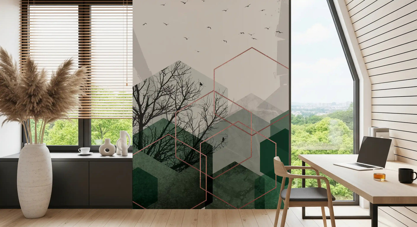 Emerald Hexagon Vista Wall Mural for a contemporary home study room., GD10277