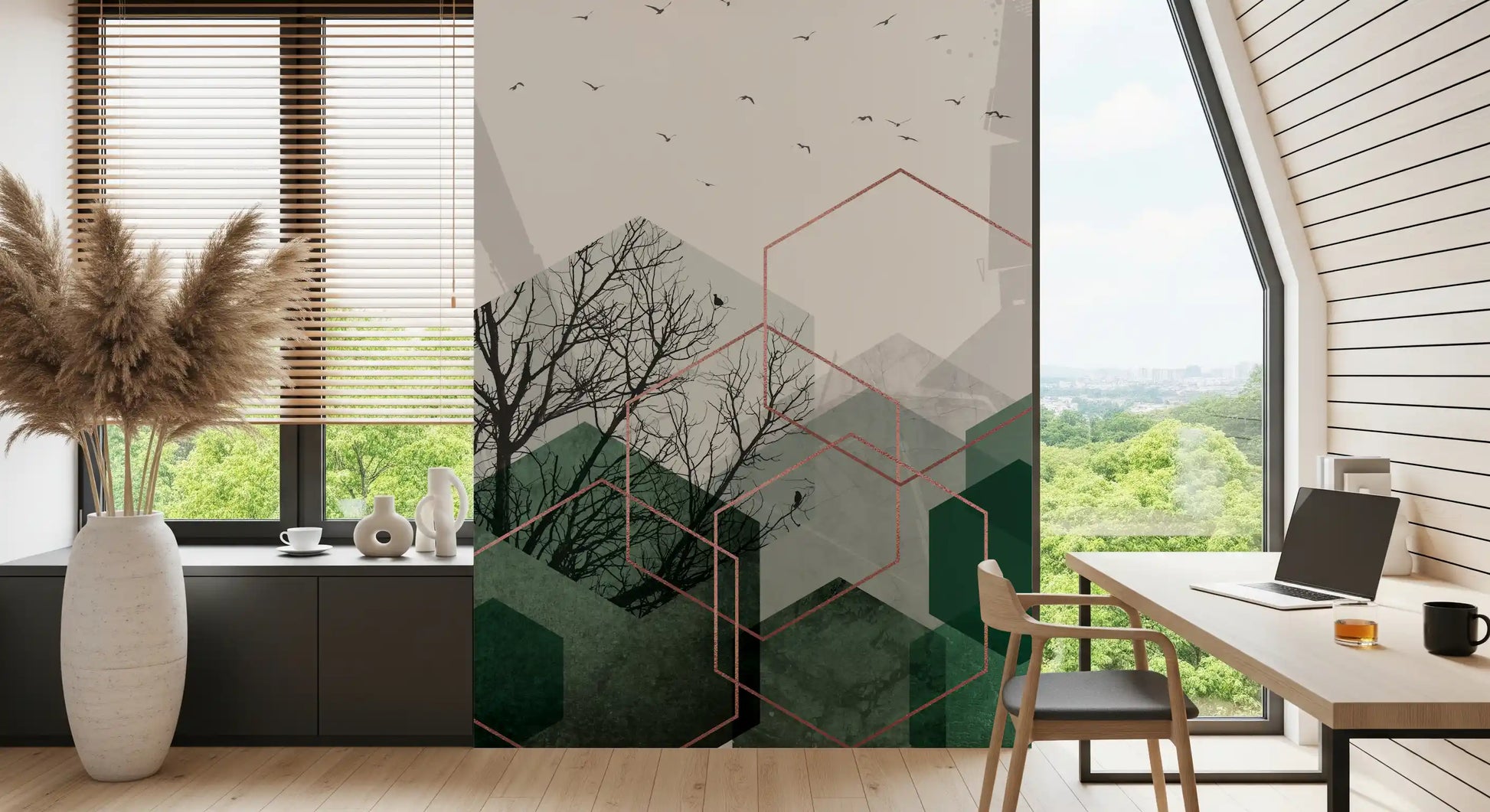 Emerald Hexagon Vista Wall Mural for a contemporary home study room., GD10277
