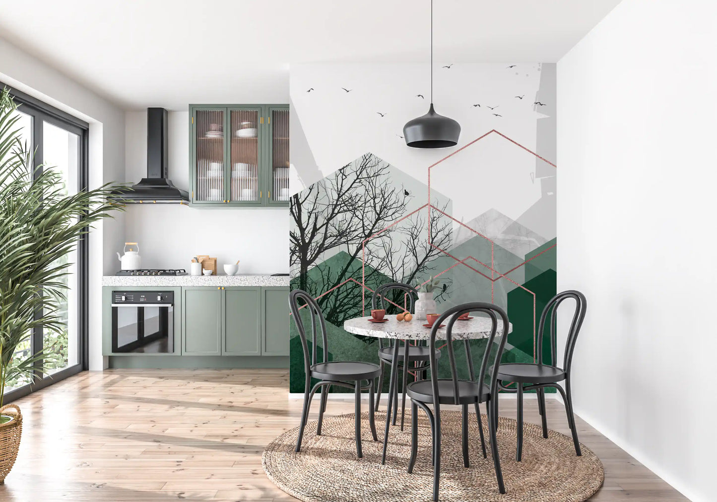 Minimalist emerald wall mural with hexagon patterns and black bird silhouettes., GD10277