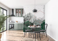 Minimalist emerald wall mural with hexagon patterns and black bird silhouettes., GD10277