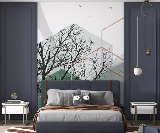 Geometric Emerald Hexagon Vista Wall Mural with forest trees in bedroom.