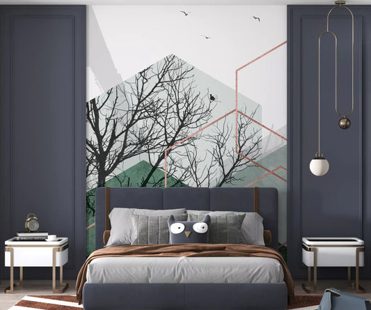 Geometric Emerald Hexagon Vista Wall Mural with forest trees in bedroom.