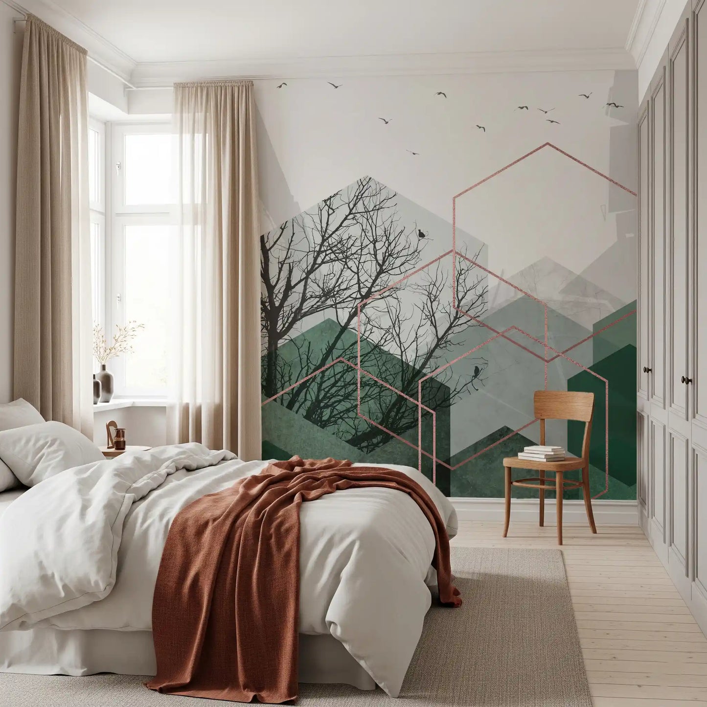 Abstract Emerald Hexagon Vista Wall Mural for a modern bedroom interior design., GD10277