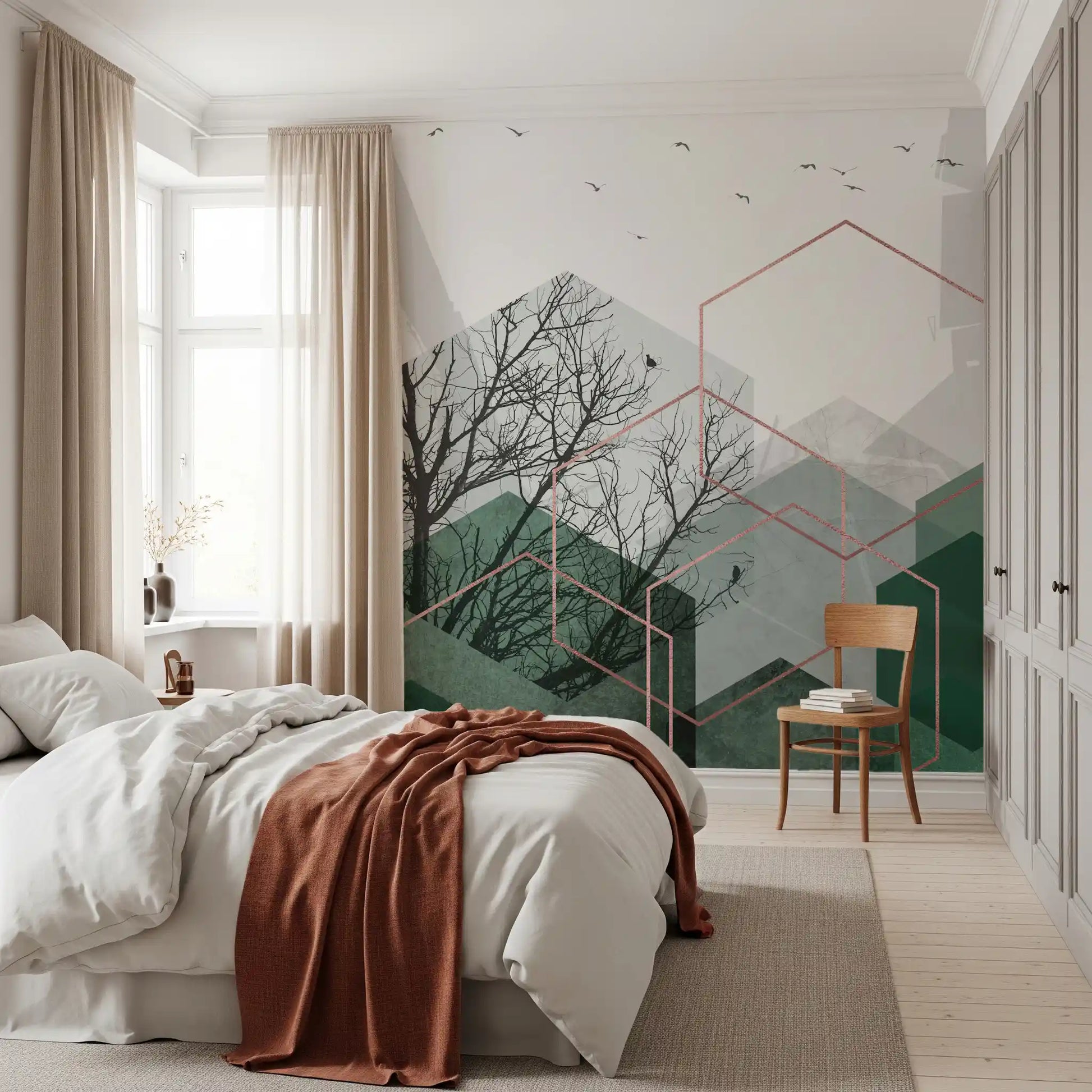Abstract Emerald Hexagon Vista Wall Mural for a modern bedroom interior design., GD10277