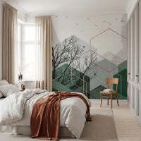 Abstract Emerald Hexagon Vista Wall Mural for a modern bedroom interior design., GD10277