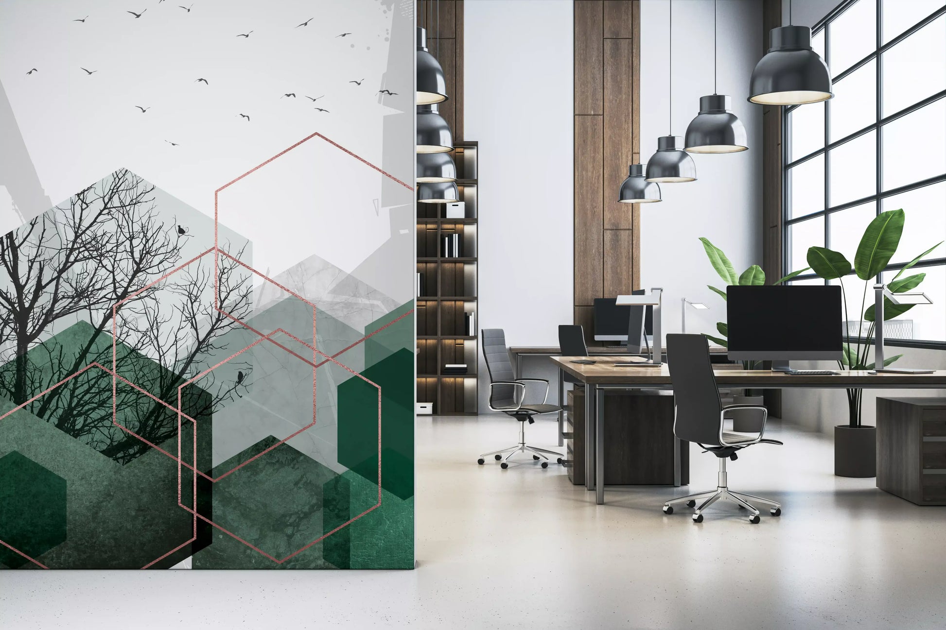 Modern emerald wall mural for a sleek office area interior setting., GD10277