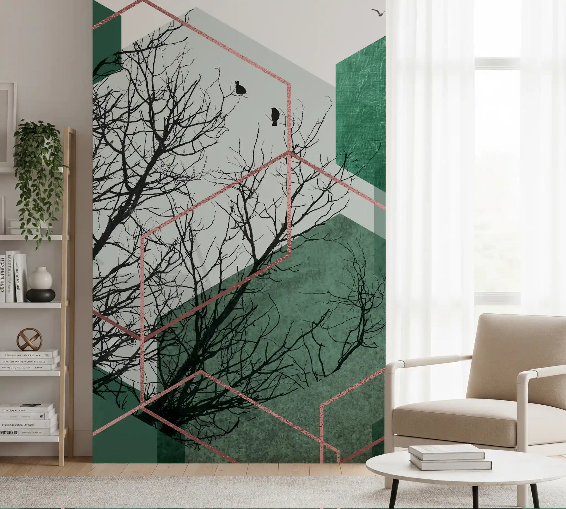 Graphic wall mural featuring green hexagons and a bird landscape., GD10278