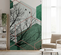 Graphic wall mural featuring green hexagons and a bird landscape., GD10278