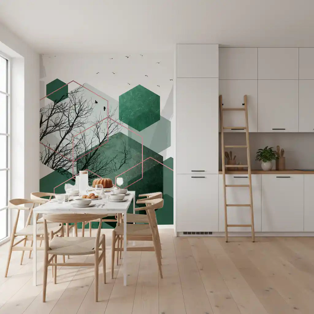 Geometric wall mural with green layered hexagons and winter tree art., GD10278