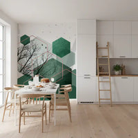 Geometric wall mural with green layered hexagons and winter tree art., GD10278