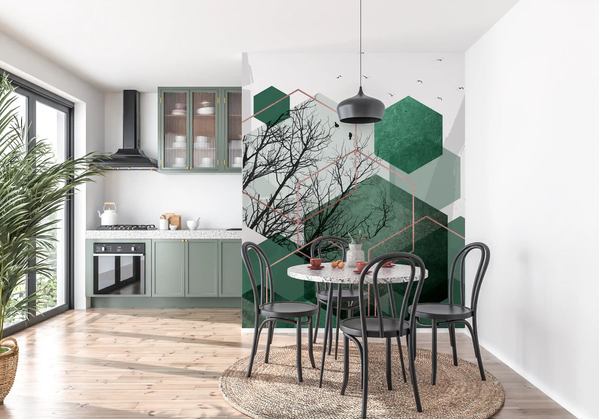 Modern wall mural with floating hexagon shapes and bird silhouettes., GD10278