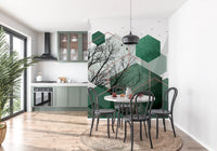 Modern wall mural with floating hexagon shapes and bird silhouettes., GD10278