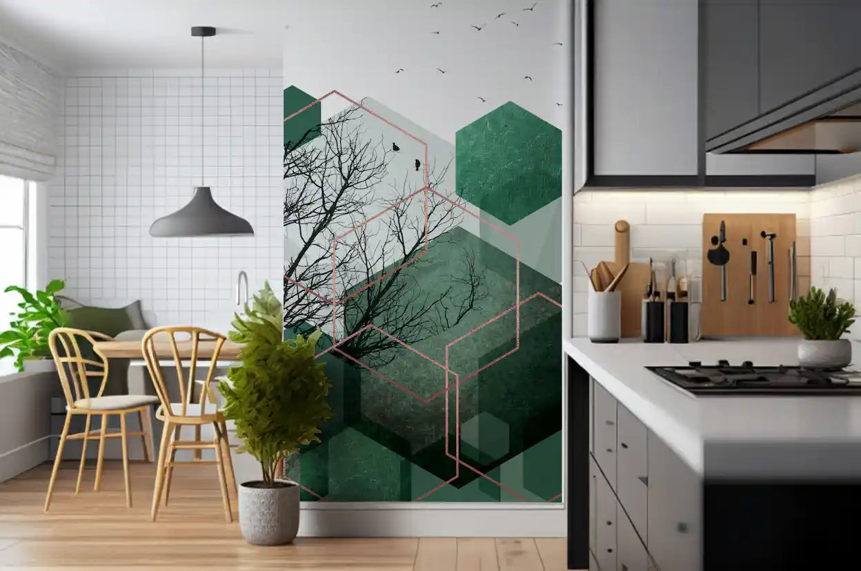 Minimalist wall mural showing green blocks and black bird outlines., GD10278