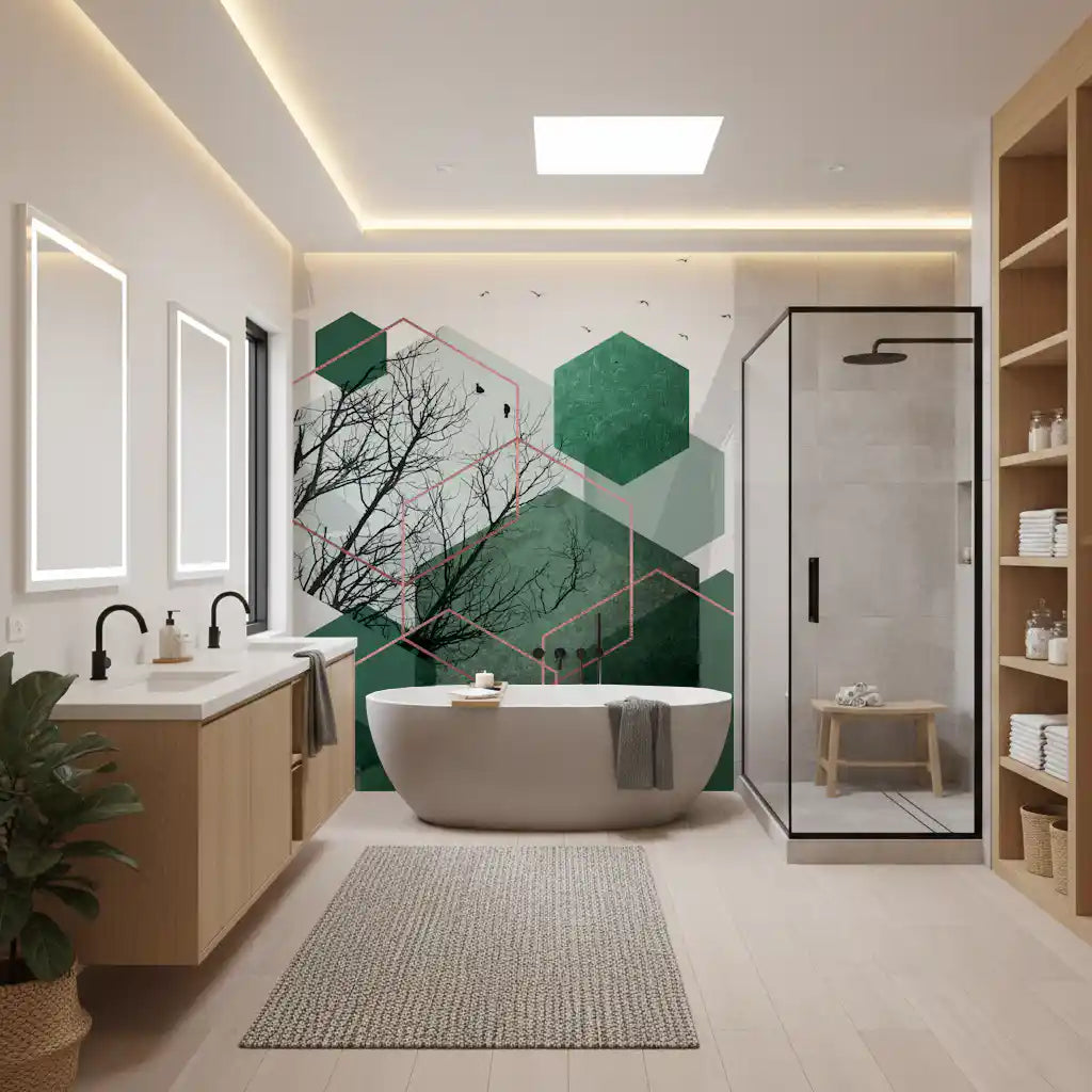 Decorative wall mural with green hexagonal geometry and tree motifs., GD10278