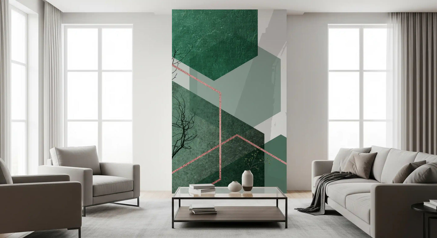 Emerald Hexagon Vista Wall Mural design with geometric layering., GD10278