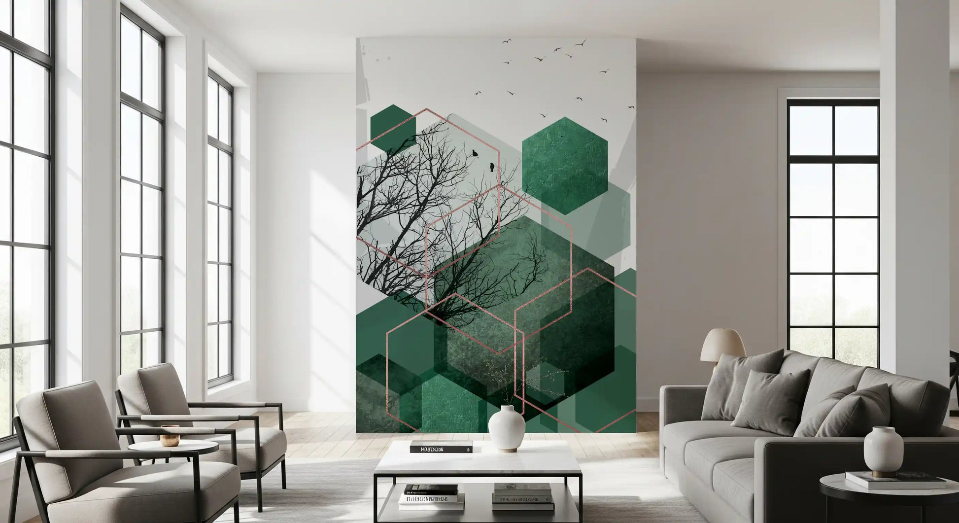 Emerald Hexagon Vista Wall Mural placed in a contemporary living space., GD10278