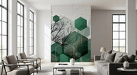 Emerald Hexagon Vista Wall Mural placed in a contemporary living space., GD10278