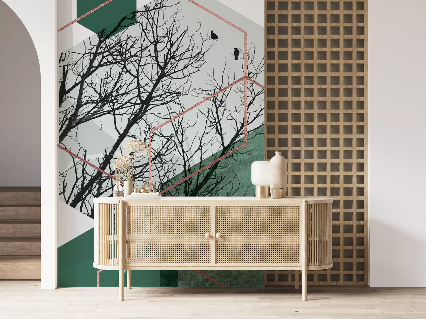 Abstract wall mural featuring green hexagonal patterns and bare branches., GD10278