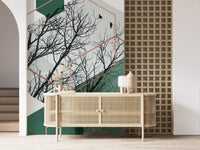 Abstract wall mural featuring green hexagonal patterns and bare branches., GD10278