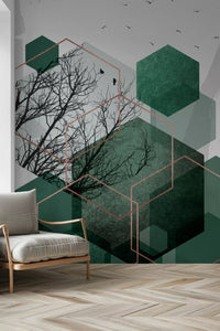 Emerald Hexagon Vista Wall Mural with geometric shapes and trees in hallway., GD10278