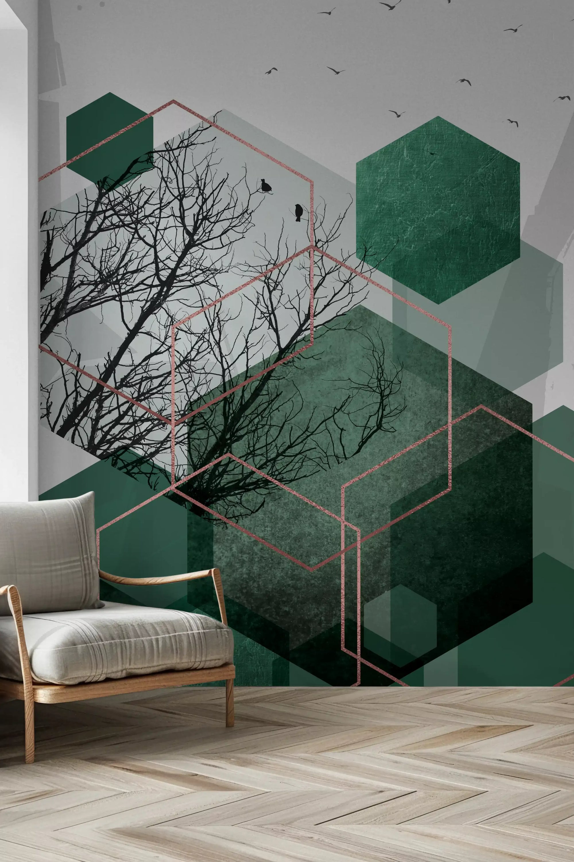 Emerald Hexagon Vista Wall Mural with geometric shapes and trees in hallway., GD10278