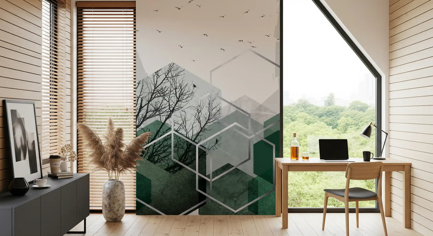 Feature wall mural showing artistic birds flying over geometric shapes., GD10279